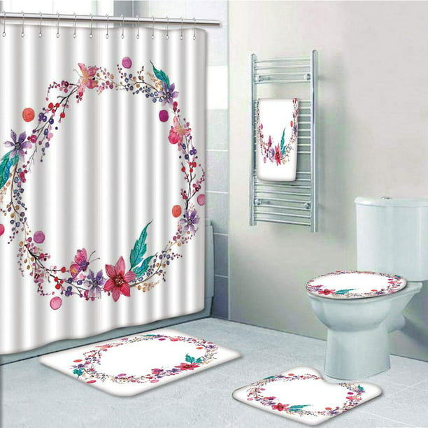 Pink Rose Butterfly Shower Curtain Bath Mat Toilet Cover Rug Bathroom Display